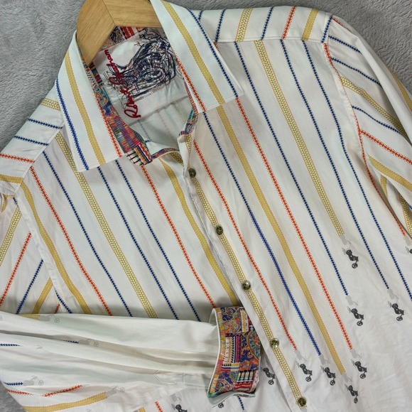 Robert Graham Men's Button-Up Shirt Motorcycle Stripe Print White L Embroidered - Picture 1 of 12